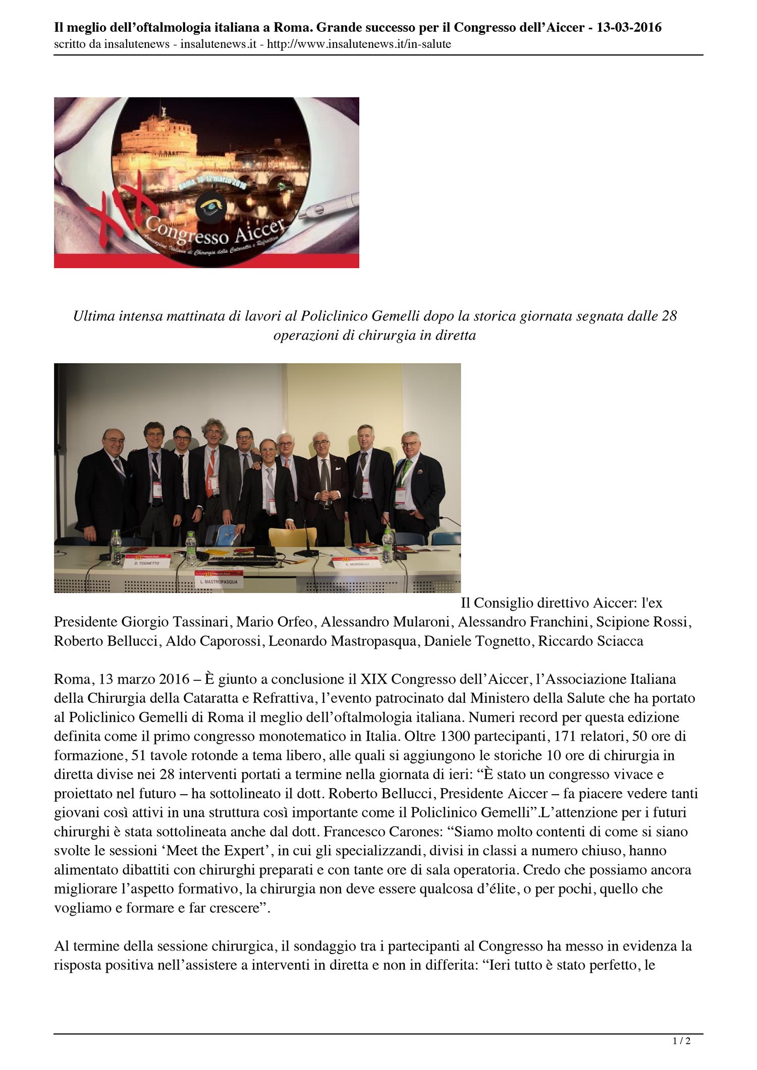Il meglio dell’oftalmologia italiana a Roma. Grande successo p Il meglio dell’oftalmologia italiana a Roma. Grande successo p